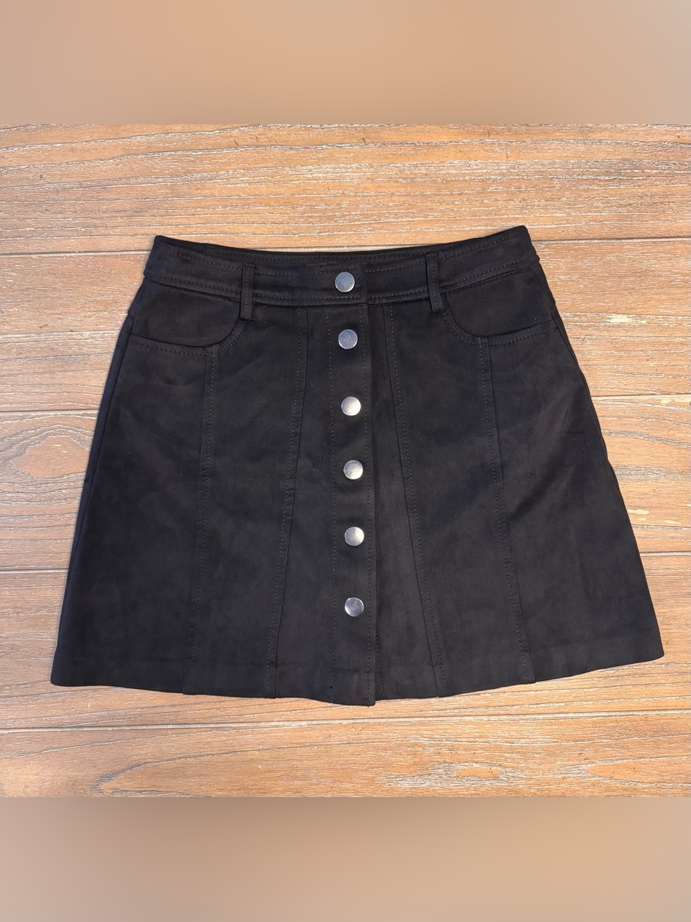 Zara Black Button-Front Suede-Look Mini Skirt #4